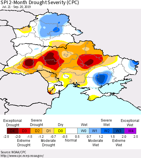 Ukraine, Moldova and Belarus SPI 2-Month Drought Severity (CPC) Thematic Map For 7/21/2019 - 9/20/2019