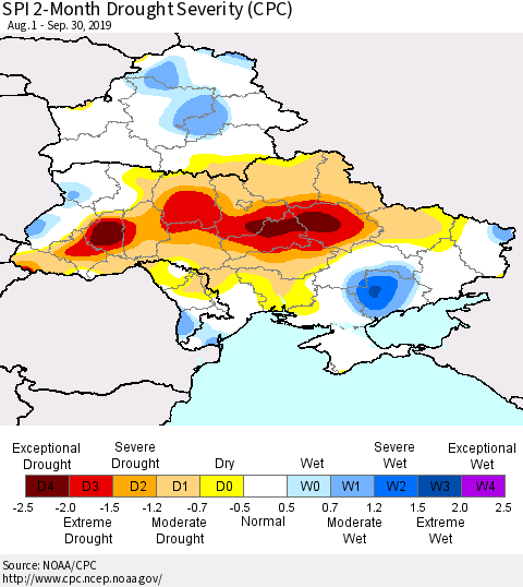 Ukraine, Moldova and Belarus SPI 2-Month Drought Severity (CPC) Thematic Map For 8/1/2019 - 9/30/2019