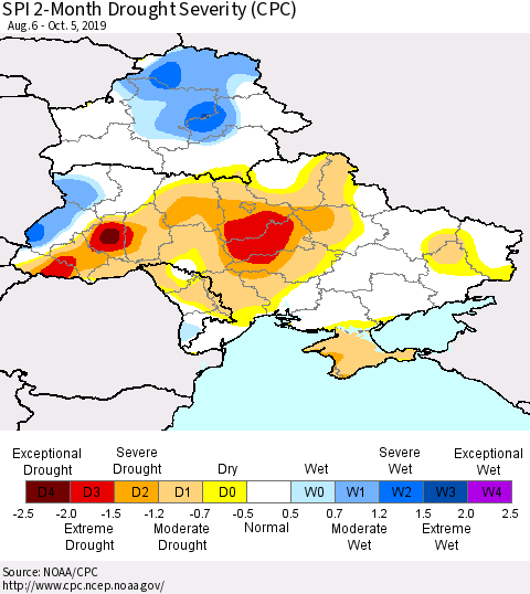 Ukraine, Moldova and Belarus SPI 2-Month Drought Severity (CPC) Thematic Map For 8/6/2019 - 10/5/2019