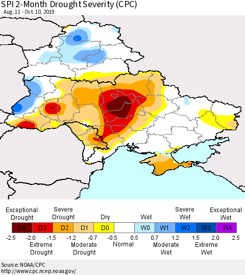 Ukraine, Moldova and Belarus SPI 2-Month Drought Severity (CPC) Thematic Map For 8/11/2019 - 10/10/2019