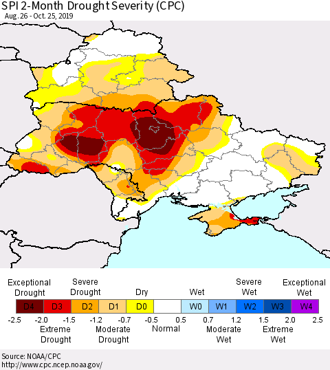 Ukraine, Moldova and Belarus SPI 2-Month Drought Severity (CPC) Thematic Map For 8/26/2019 - 10/25/2019