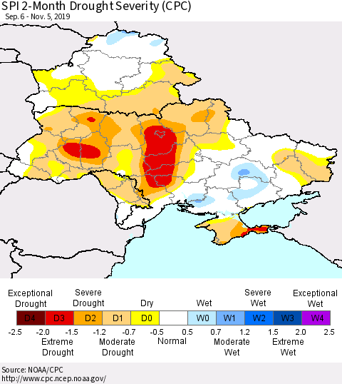 Ukraine, Moldova and Belarus SPI 2-Month Drought Severity (CPC) Thematic Map For 9/6/2019 - 11/5/2019