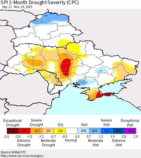 Ukraine, Moldova and Belarus SPI 2-Month Drought Severity (CPC) Thematic Map For 9/11/2019 - 11/10/2019