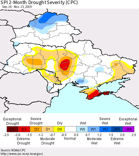 Ukraine, Moldova and Belarus SPI 2-Month Drought Severity (CPC) Thematic Map For 9/16/2019 - 11/15/2019