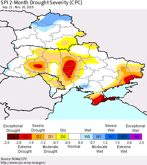 Ukraine, Moldova and Belarus SPI 2-Month Drought Severity (CPC) Thematic Map For 9/21/2019 - 11/20/2019