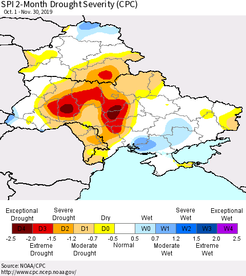 Ukraine, Moldova and Belarus SPI 2-Month Drought Severity (CPC) Thematic Map For 10/1/2019 - 11/30/2019