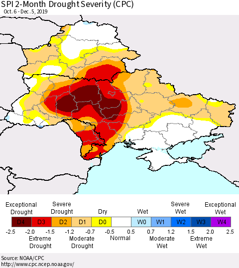 Ukraine, Moldova and Belarus SPI 2-Month Drought Severity (CPC) Thematic Map For 10/6/2019 - 12/5/2019