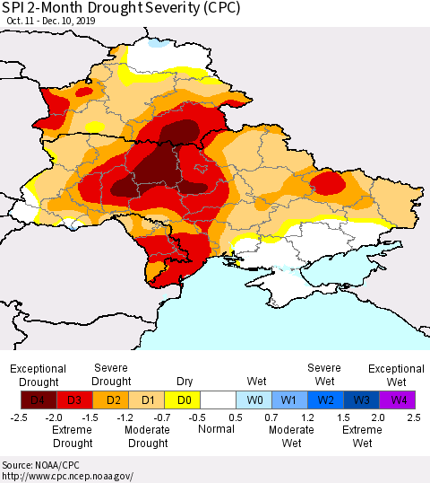 Ukraine, Moldova and Belarus SPI 2-Month Drought Severity (CPC) Thematic Map For 10/11/2019 - 12/10/2019