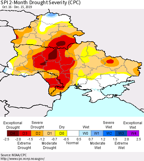 Ukraine, Moldova and Belarus SPI 2-Month Drought Severity (CPC) Thematic Map For 10/16/2019 - 12/15/2019