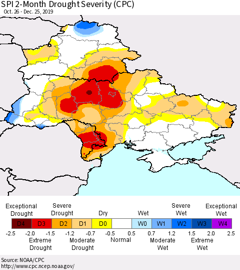 Ukraine, Moldova and Belarus SPI 2-Month Drought Severity (CPC) Thematic Map For 10/26/2019 - 12/25/2019