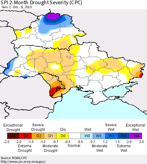 Ukraine, Moldova and Belarus SPI 2-Month Drought Severity (CPC) Thematic Map For 11/1/2019 - 12/31/2019