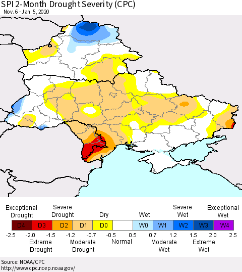 Ukraine, Moldova and Belarus SPI 2-Month Drought Severity (CPC) Thematic Map For 11/6/2019 - 1/5/2020