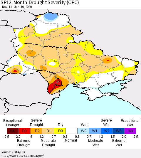 Ukraine, Moldova and Belarus SPI 2-Month Drought Severity (CPC) Thematic Map For 11/11/2019 - 1/10/2020