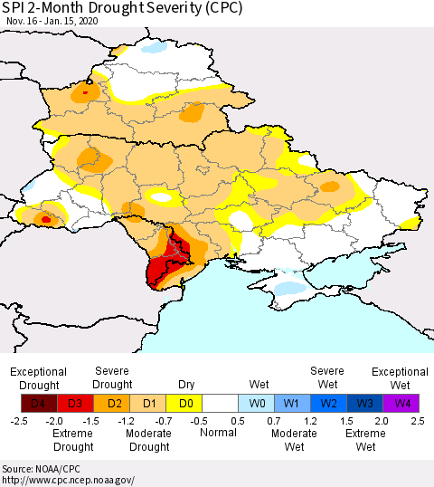 Ukraine, Moldova and Belarus SPI 2-Month Drought Severity (CPC) Thematic Map For 11/16/2019 - 1/15/2020