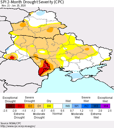 Ukraine, Moldova and Belarus SPI 2-Month Drought Severity (CPC) Thematic Map For 11/21/2019 - 1/20/2020