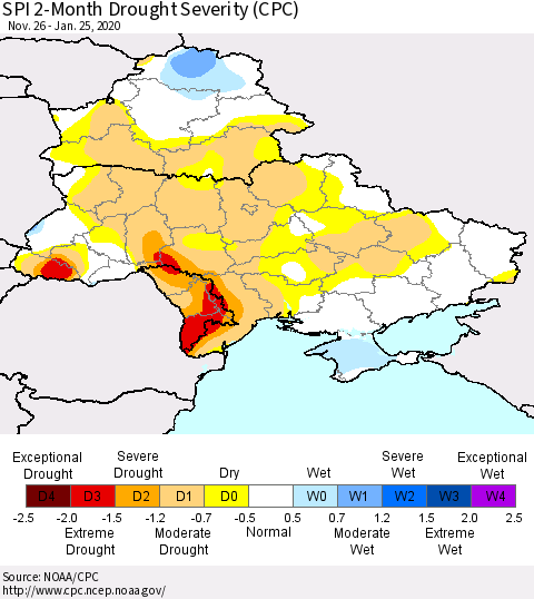 Ukraine, Moldova and Belarus SPI 2-Month Drought Severity (CPC) Thematic Map For 11/26/2019 - 1/25/2020