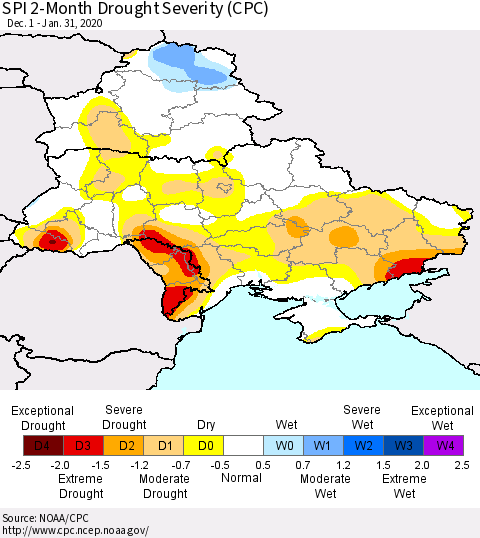 Ukraine, Moldova and Belarus SPI 2-Month Drought Severity (CPC) Thematic Map For 12/1/2019 - 1/31/2020