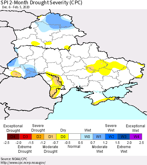 Ukraine, Moldova and Belarus SPI 2-Month Drought Severity (CPC) Thematic Map For 12/6/2019 - 2/5/2020
