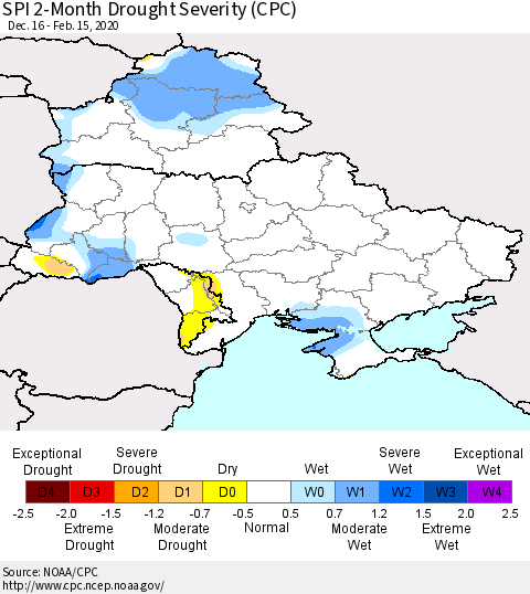 Ukraine, Moldova and Belarus SPI 2-Month Drought Severity (CPC) Thematic Map For 12/16/2019 - 2/15/2020