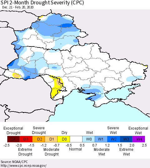 Ukraine, Moldova and Belarus SPI 2-Month Drought Severity (CPC) Thematic Map For 12/21/2019 - 2/20/2020
