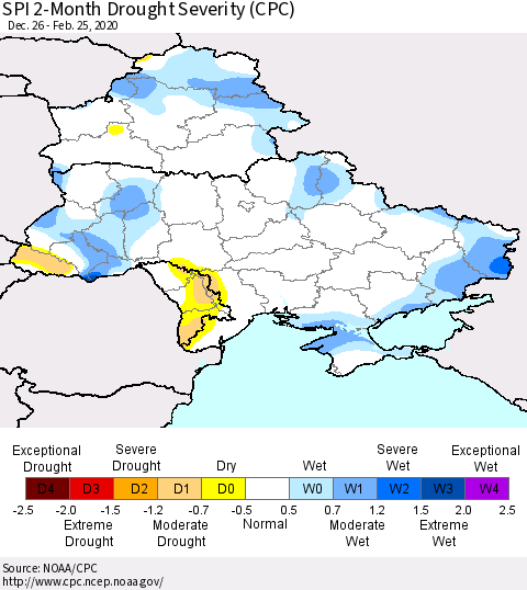 Ukraine, Moldova and Belarus SPI 2-Month Drought Severity (CPC) Thematic Map For 12/26/2019 - 2/25/2020