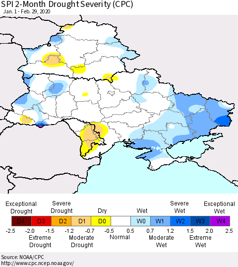 Ukraine, Moldova and Belarus SPI 2-Month Drought Severity (CPC) Thematic Map For 1/1/2020 - 2/29/2020