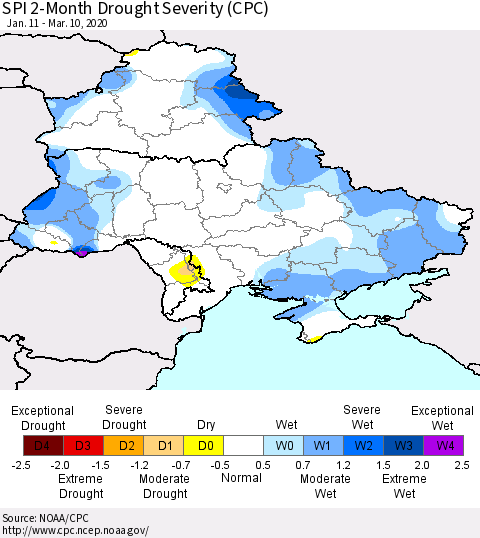 Ukraine, Moldova and Belarus SPI 2-Month Drought Severity (CPC) Thematic Map For 1/11/2020 - 3/10/2020
