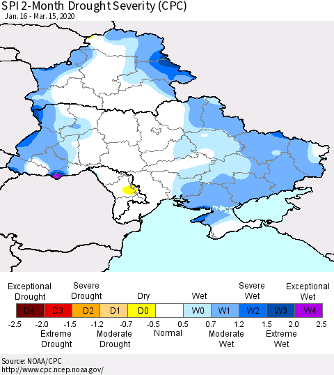 Ukraine, Moldova and Belarus SPI 2-Month Drought Severity (CPC) Thematic Map For 1/16/2020 - 3/15/2020