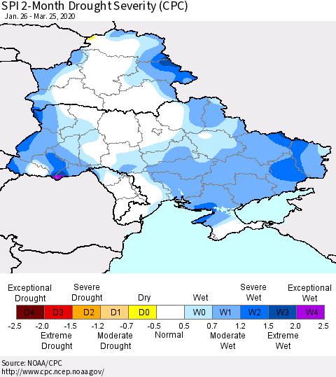 Ukraine, Moldova and Belarus SPI 2-Month Drought Severity (CPC) Thematic Map For 1/26/2020 - 3/25/2020