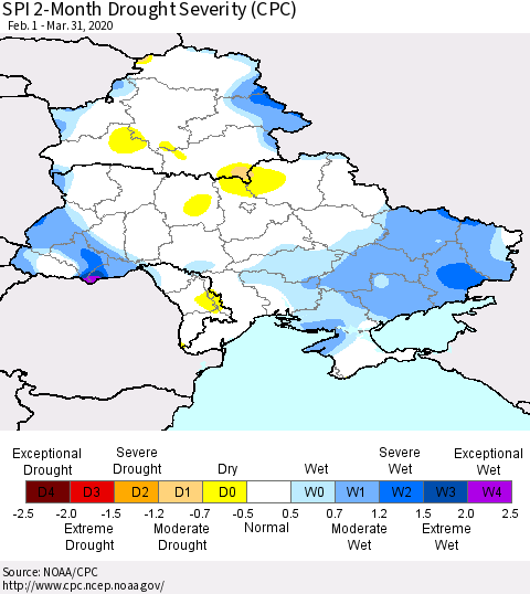 Ukraine, Moldova and Belarus SPI 2-Month Drought Severity (CPC) Thematic Map For 2/1/2020 - 3/31/2020