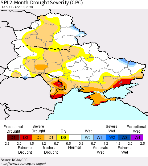 Ukraine, Moldova and Belarus SPI 2-Month Drought Severity (CPC) Thematic Map For 2/11/2020 - 4/10/2020