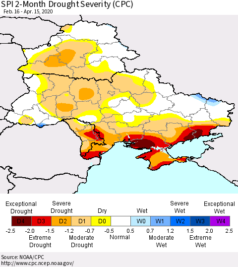 Ukraine, Moldova and Belarus SPI 2-Month Drought Severity (CPC) Thematic Map For 2/16/2020 - 4/15/2020