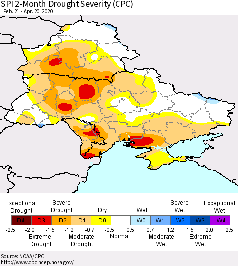 Ukraine, Moldova and Belarus SPI 2-Month Drought Severity (CPC) Thematic Map For 2/21/2020 - 4/20/2020