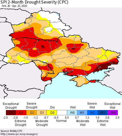 Ukraine, Moldova and Belarus SPI 2-Month Drought Severity (CPC) Thematic Map For 2/26/2020 - 4/25/2020