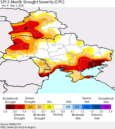 Ukraine, Moldova and Belarus SPI 2-Month Drought Severity (CPC) Thematic Map For 3/6/2020 - 5/5/2020