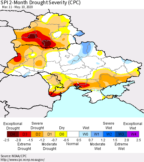 Ukraine, Moldova and Belarus SPI 2-Month Drought Severity (CPC) Thematic Map For 3/11/2020 - 5/10/2020