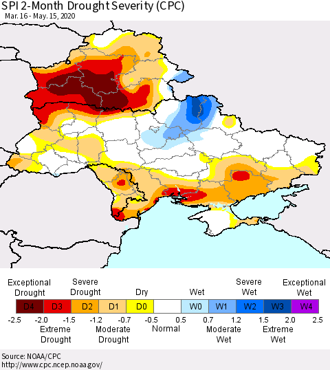 Ukraine, Moldova and Belarus SPI 2-Month Drought Severity (CPC) Thematic Map For 3/16/2020 - 5/15/2020
