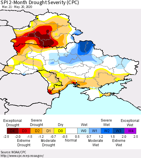 Ukraine, Moldova and Belarus SPI 2-Month Drought Severity (CPC) Thematic Map For 3/21/2020 - 5/20/2020