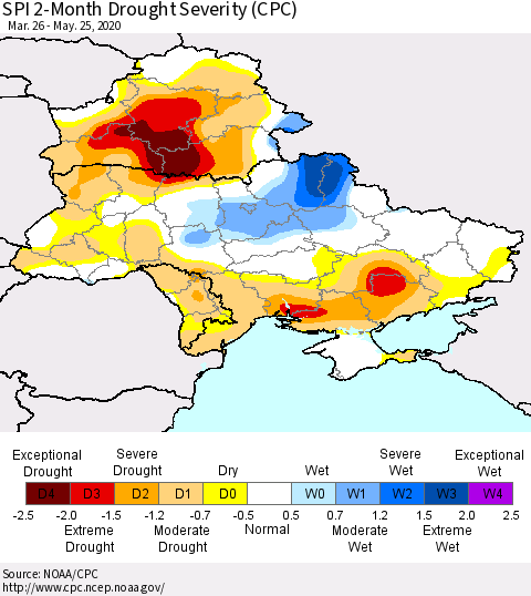 Ukraine, Moldova and Belarus SPI 2-Month Drought Severity (CPC) Thematic Map For 3/26/2020 - 5/25/2020