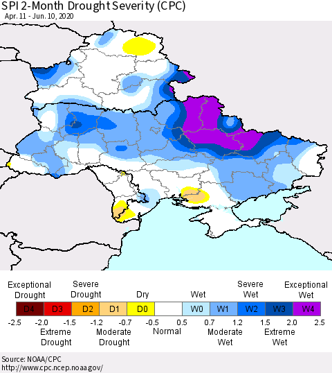 Ukraine, Moldova and Belarus SPI 2-Month Drought Severity (CPC) Thematic Map For 4/11/2020 - 6/10/2020