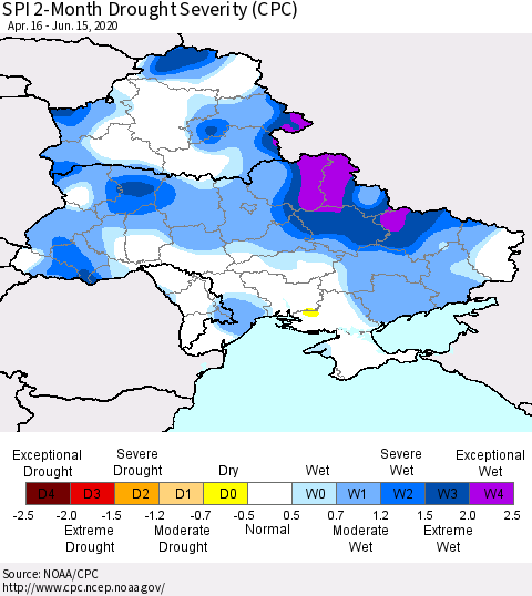 Ukraine, Moldova and Belarus SPI 2-Month Drought Severity (CPC) Thematic Map For 4/16/2020 - 6/15/2020