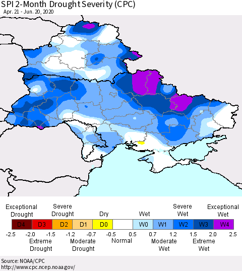 Ukraine, Moldova and Belarus SPI 2-Month Drought Severity (CPC) Thematic Map For 4/21/2020 - 6/20/2020