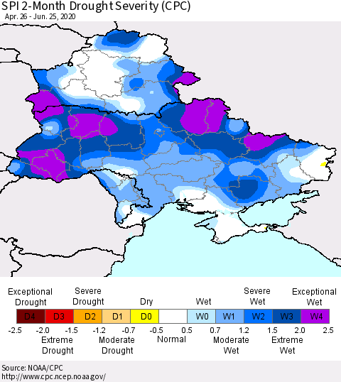 Ukraine, Moldova and Belarus SPI 2-Month Drought Severity (CPC) Thematic Map For 4/26/2020 - 6/25/2020