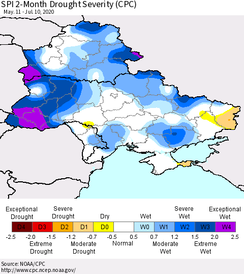 Ukraine, Moldova and Belarus SPI 2-Month Drought Severity (CPC) Thematic Map For 5/11/2020 - 7/10/2020