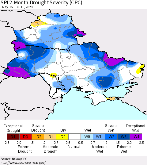 Ukraine, Moldova and Belarus SPI 2-Month Drought Severity (CPC) Thematic Map For 5/16/2020 - 7/15/2020