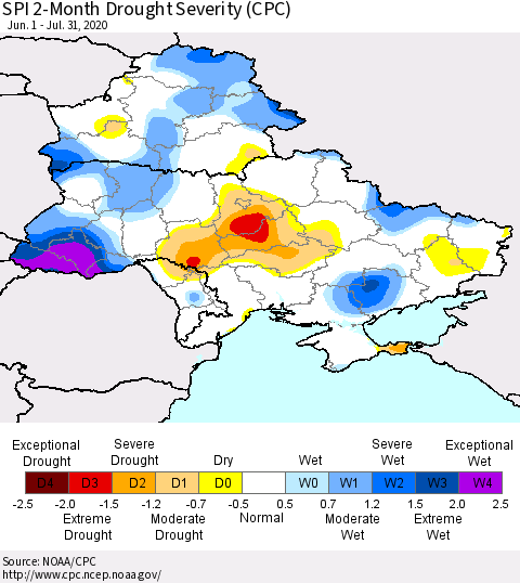 Ukraine, Moldova and Belarus SPI 2-Month Drought Severity (CPC) Thematic Map For 6/1/2020 - 7/31/2020