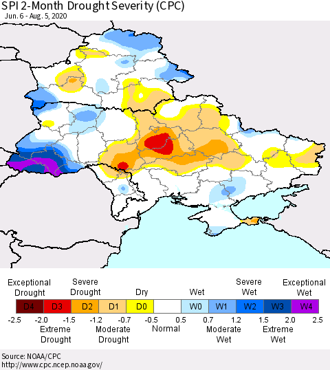 Ukraine, Moldova and Belarus SPI 2-Month Drought Severity (CPC) Thematic Map For 6/6/2020 - 8/5/2020