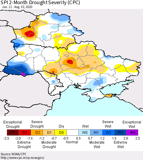 Ukraine, Moldova and Belarus SPI 2-Month Drought Severity (CPC) Thematic Map For 6/11/2020 - 8/10/2020