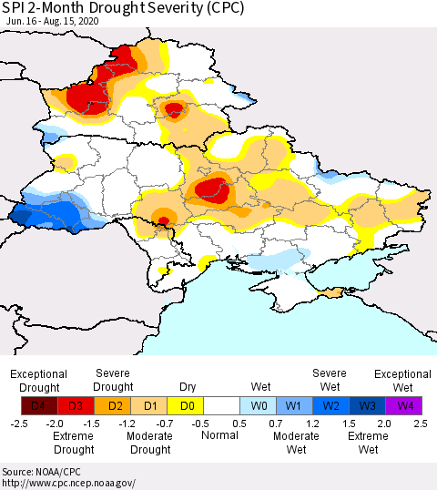 Ukraine, Moldova and Belarus SPI 2-Month Drought Severity (CPC) Thematic Map For 6/16/2020 - 8/15/2020