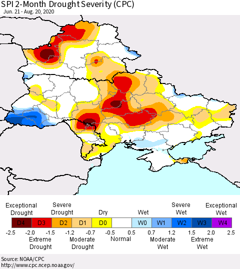 Ukraine, Moldova and Belarus SPI 2-Month Drought Severity (CPC) Thematic Map For 6/21/2020 - 8/20/2020